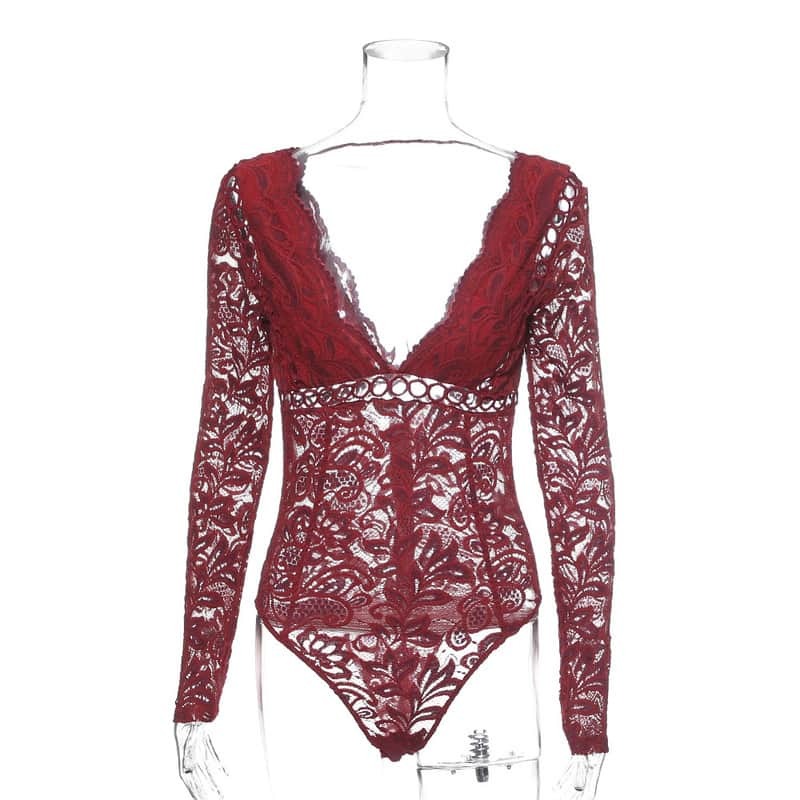 Lace Cutout Deep V Long Sleeve Bodysuit