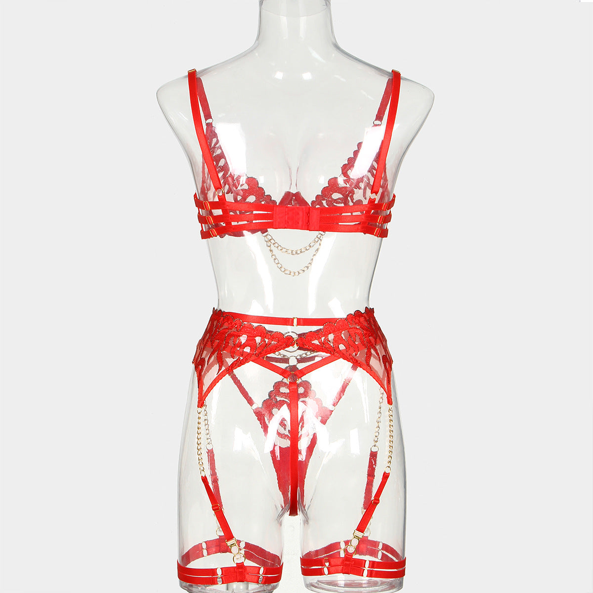 Flame Embroidery Sexy Lingerie Four-Piece Set with Chain Bra