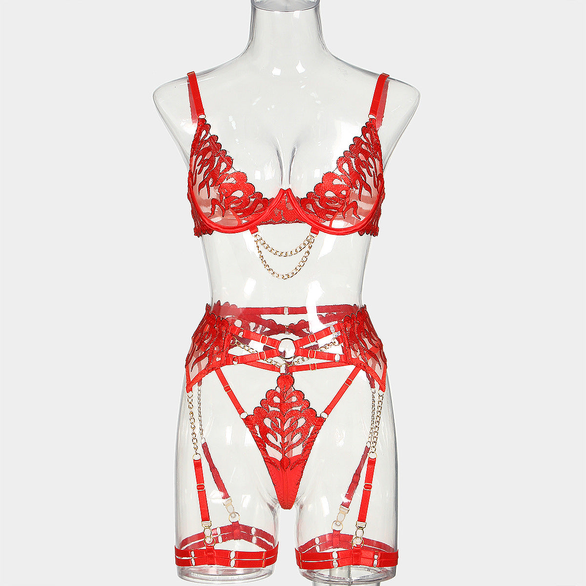 Flame Embroidery Sexy Lingerie Four-Piece Set with Chain Bra