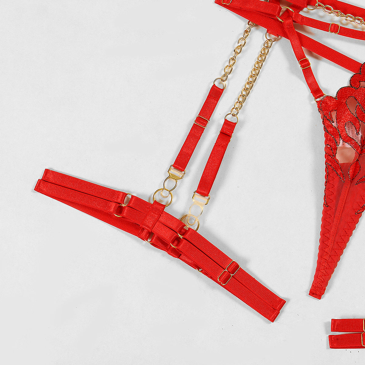 Flame Embroidery Sexy Lingerie Four-Piece Set with Chain Bra