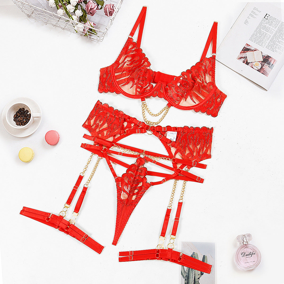 Flame Embroidery Sexy Lingerie Four-Piece Set with Chain Bra