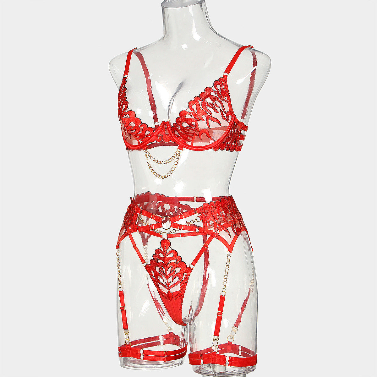 Flame Embroidery Sexy Lingerie Four-Piece Set with Chain Bra