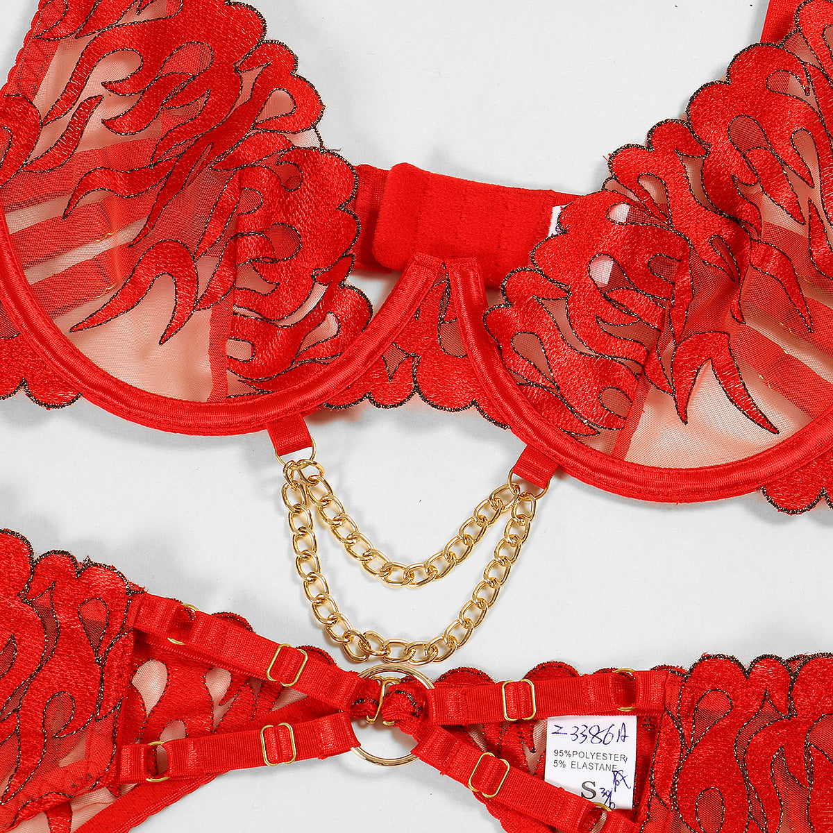 Flame Embroidery Sexy Lingerie Four-Piece Set with Chain Bra