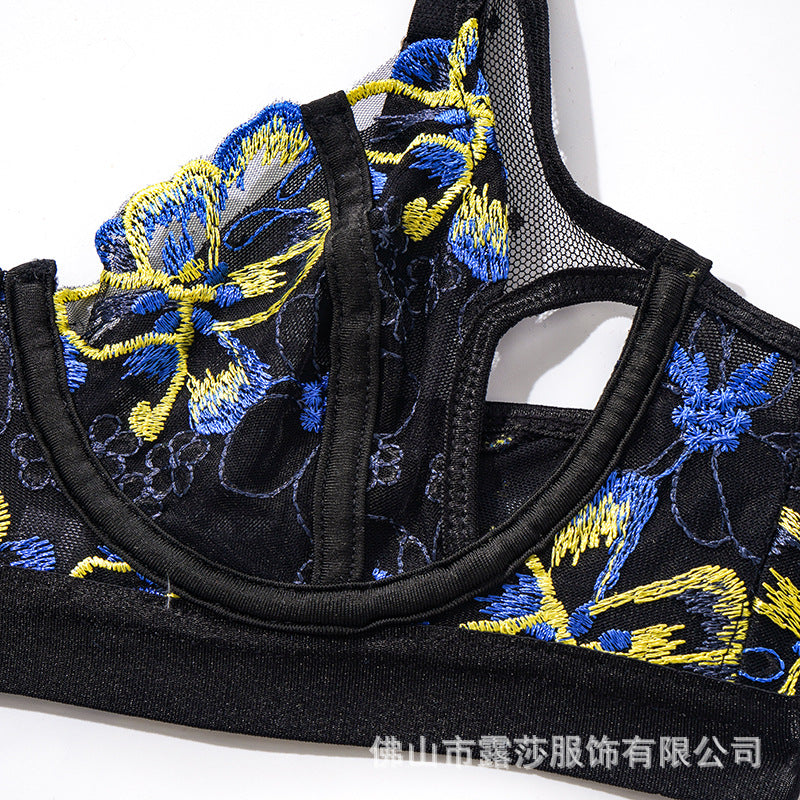Floral Embroidered Bra & Garter Set with Cutout Cup