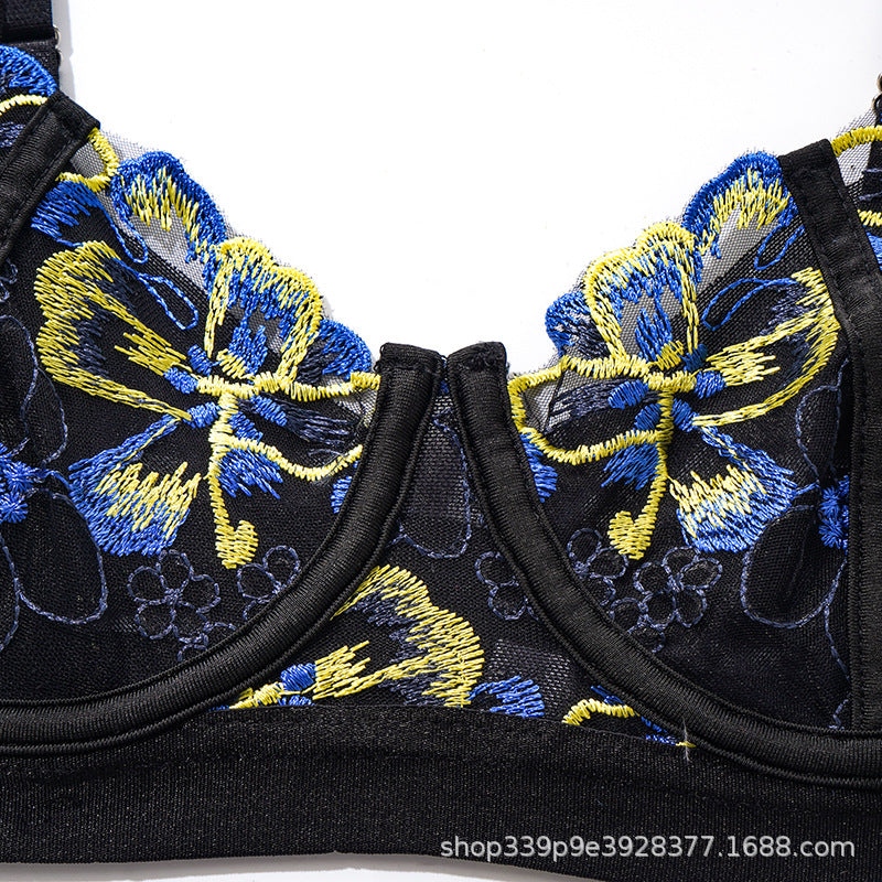 Floral Embroidered Bra & Garter Set with Cutout Cup