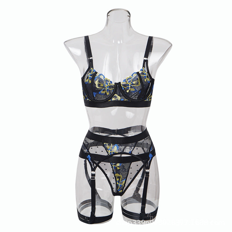 Floral Embroidered Bra & Garter Set with Cutout Cup