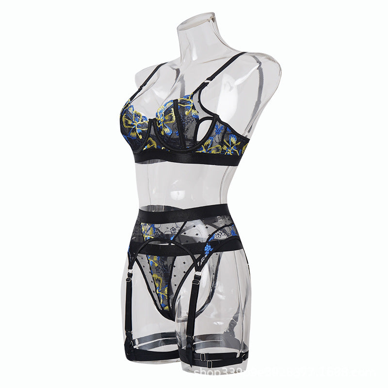 Floral Embroidered Bra & Garter Set with Cutout Cup