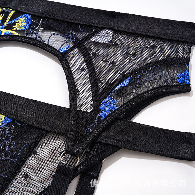 Floral Embroidered Bra & Garter Set with Cutout Cup