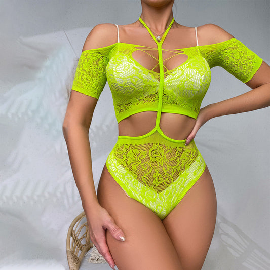 Floral Halter Neck Bodystocking Set With Short Sleeve - Green Yellow / Free