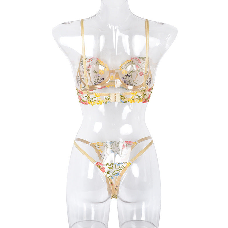 Gorgeous Floral Embroidered Mesh Bra Set