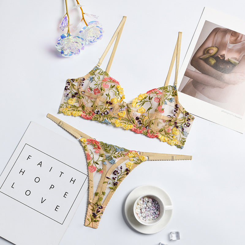 Gorgeous Floral Embroidered Mesh Bra Set