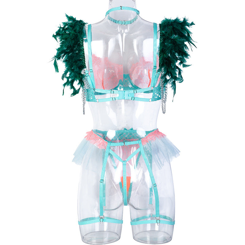 Green Diamond Mesh Bra Set with Feathered Shoulder Straps