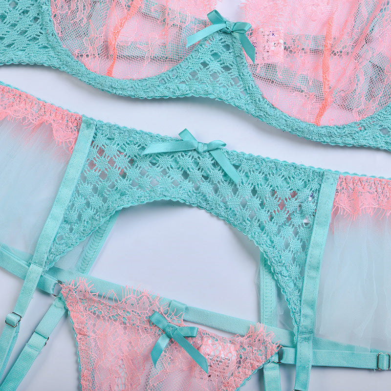 Green Diamond Mesh Bra Set with Feathered Shoulder Straps