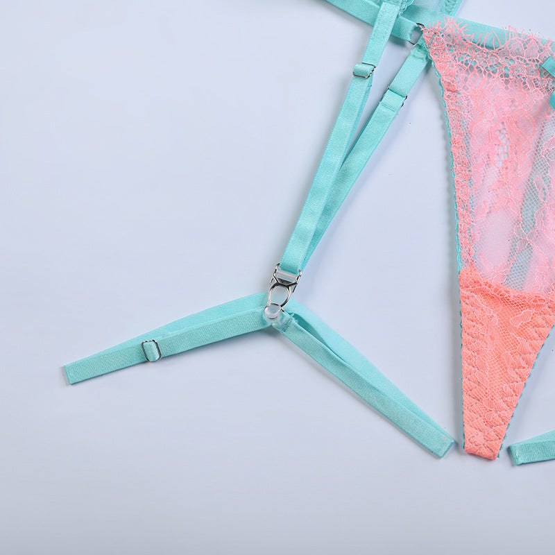 Green Diamond Mesh Bra Set with Feathered Shoulder Straps