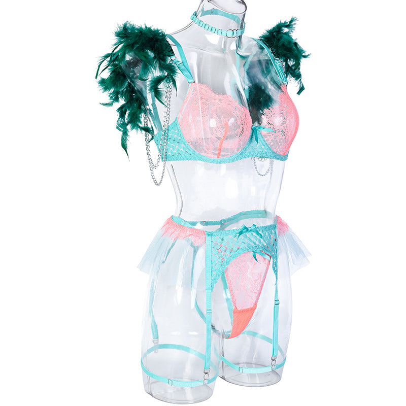 Green Diamond Mesh Bra Set with Feathered Shoulder Straps