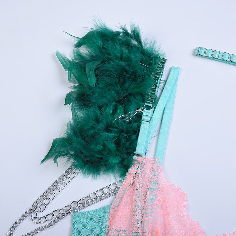 Green Diamond Mesh Bra Set with Feathered Shoulder Straps