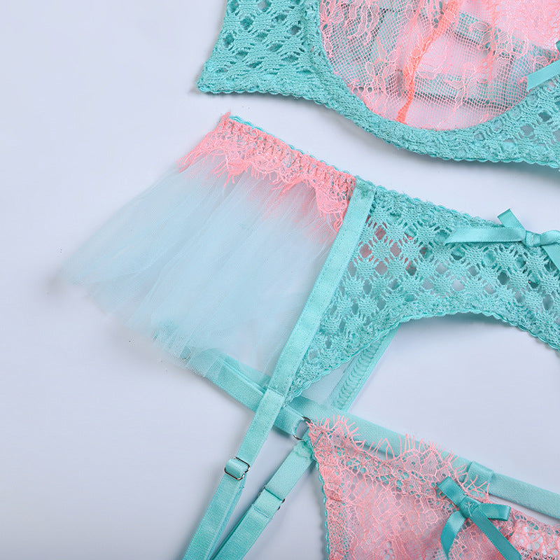 Green Diamond Mesh Bra Set with Feathered Shoulder Straps