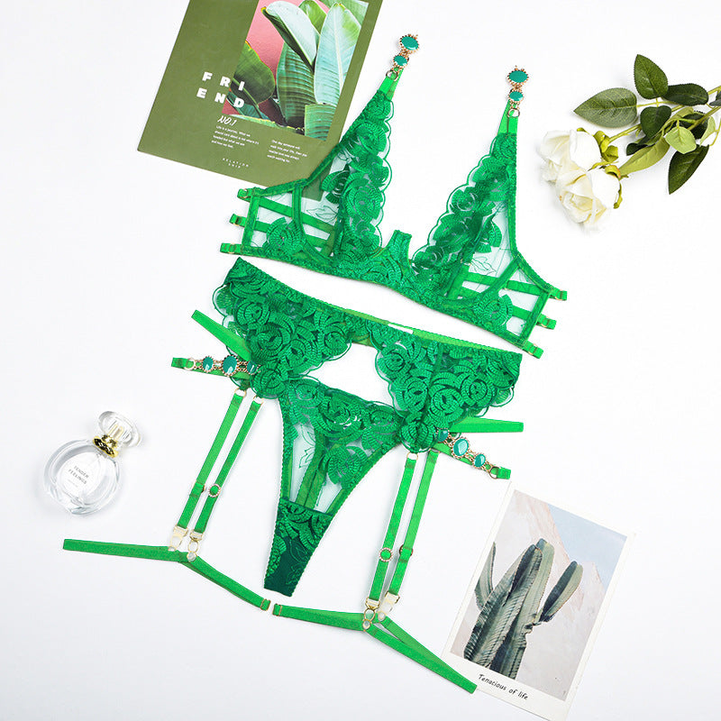 Radiant Gemstone Mesh Bra, Panty Set with Garter
