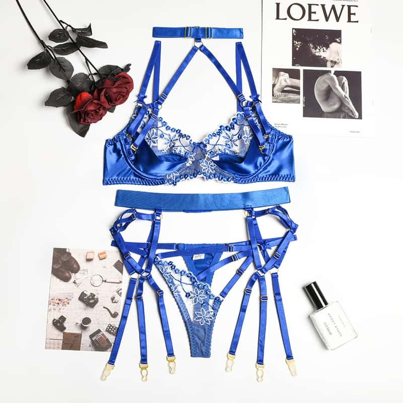 Halter Cutout Satin Panel Garter Belt Set