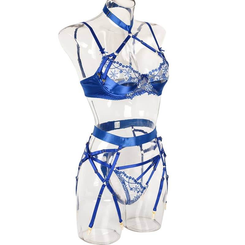 Halter Cutout Satin Panel Garter Belt Set
