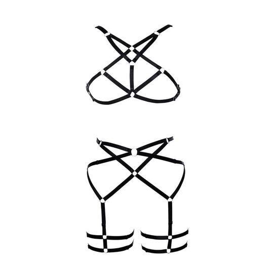 Hollow Breast Exposed Sexy Strappy Garter Set - Black / Free - Bras and Panties