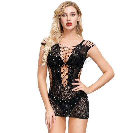 Hip Wrap Fishnet Rhinestone Dress - Black / Free - Bodysuit
