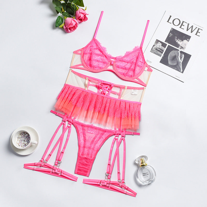 Floral Lace Bra Set with Lace Ruffle Trim