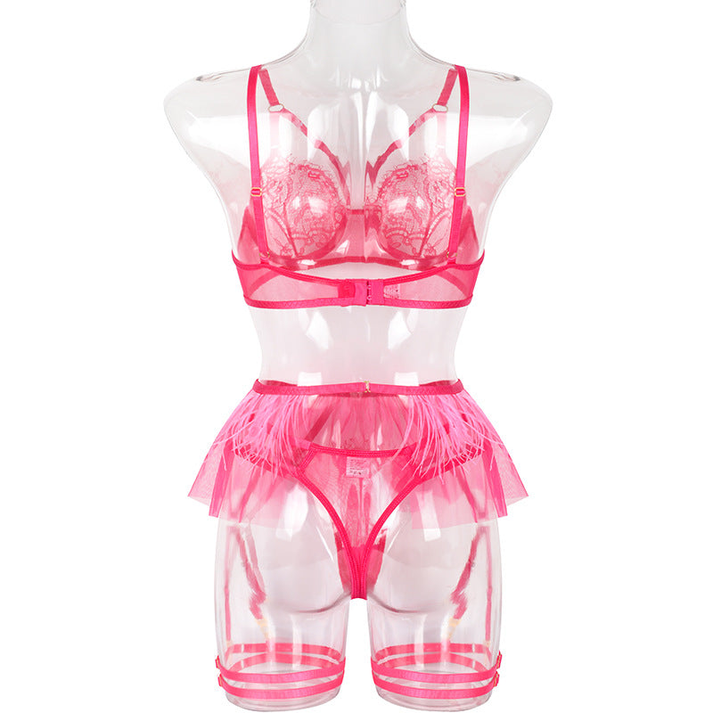 Sexy Sheer Floral Lace Bra Set with Tassel Girdle