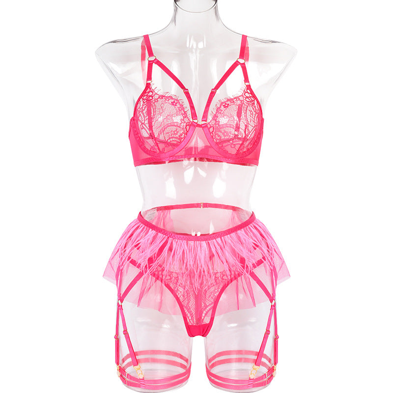 Sexy Sheer Floral Lace Bra Set with Tassel Girdle