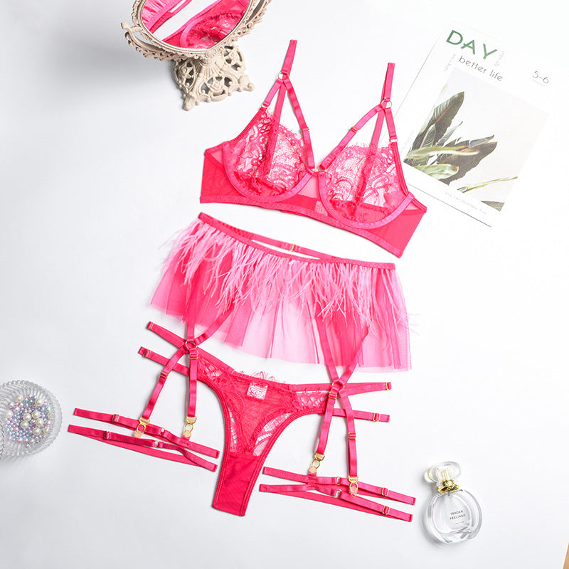 Sexy Sheer Floral Lace Bra Set with Tassel Girdle