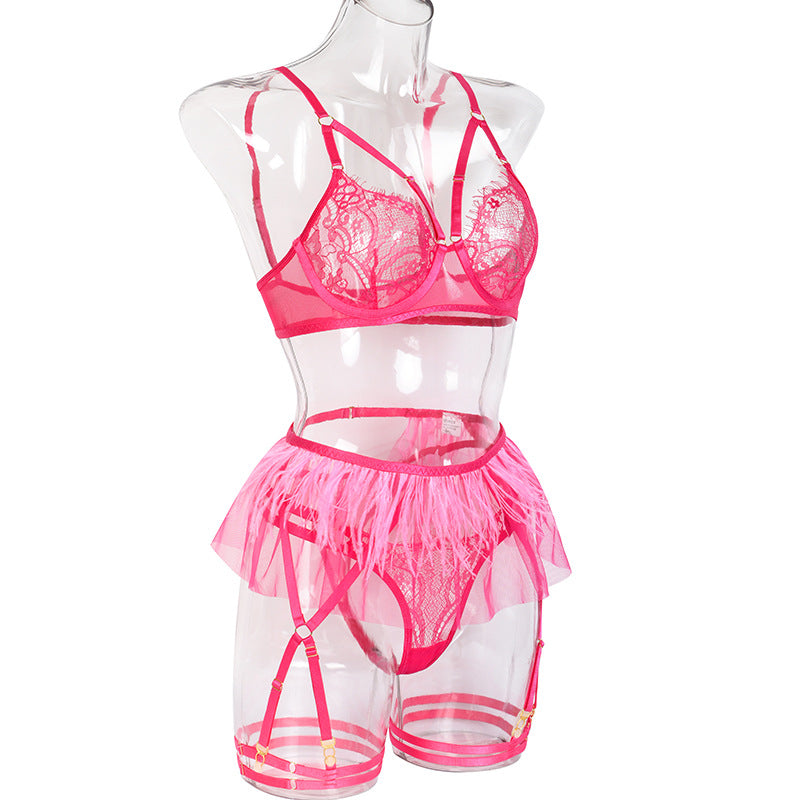 Sexy Sheer Floral Lace Bra Set with Tassel Girdle