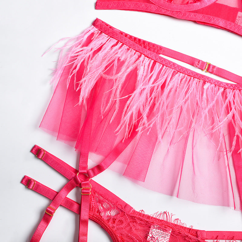 Sexy Sheer Floral Lace Bra Set with Tassel Girdle