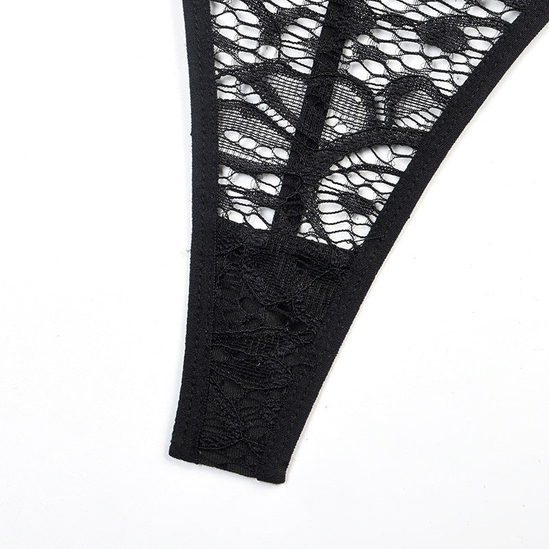 Lace Bodysuit with Multi-Strap Chest Ring and Hollow Design