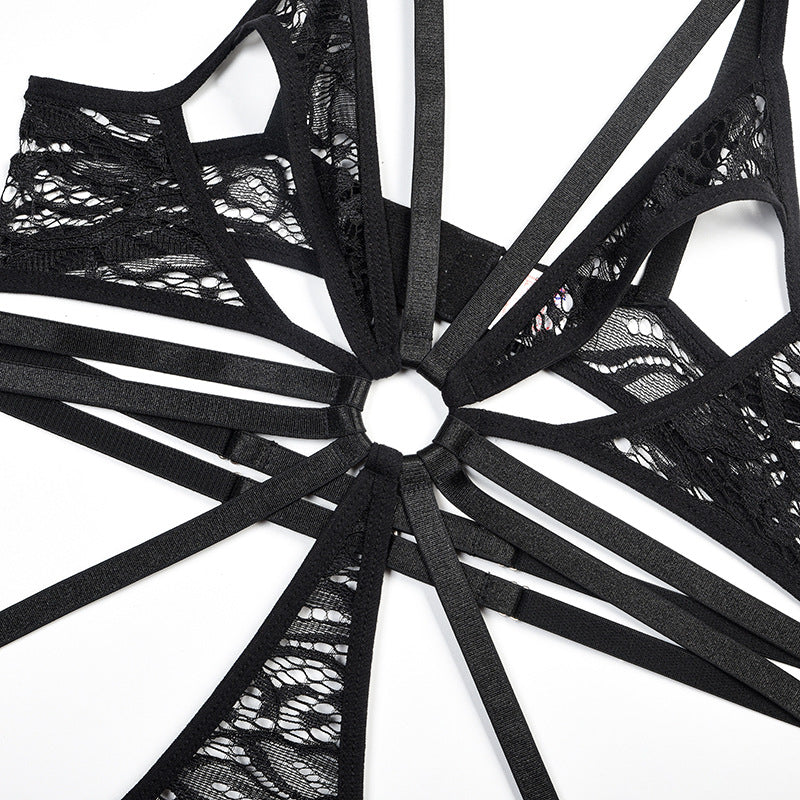 Lace Bodysuit with Multi-Strap Chest Ring and Hollow Design