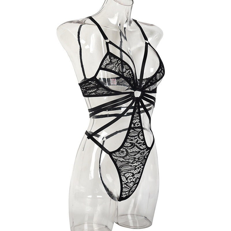 Lace Bodysuit with Multi-Strap Chest Ring and Hollow Design