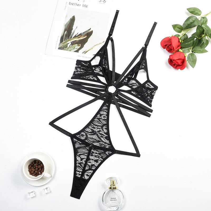 Lace Bodysuit with Multi-Strap Chest Ring and Hollow Design