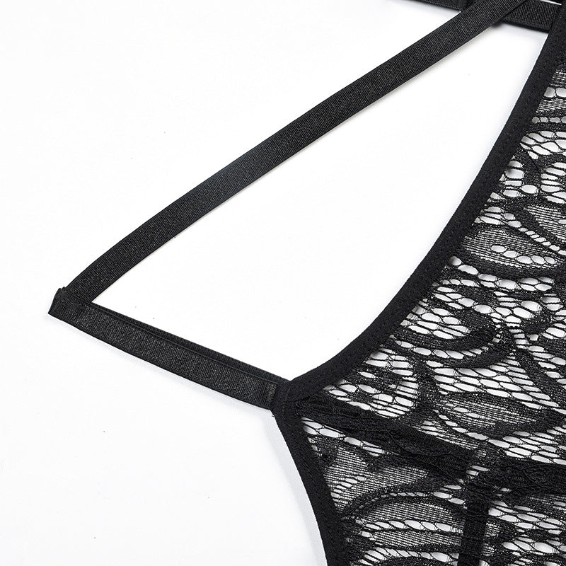 Lace Bodysuit with Multi-Strap Chest Ring and Hollow Design