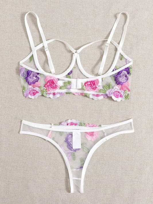 Lace Mesh Embroidered Bra Set - Lingerie