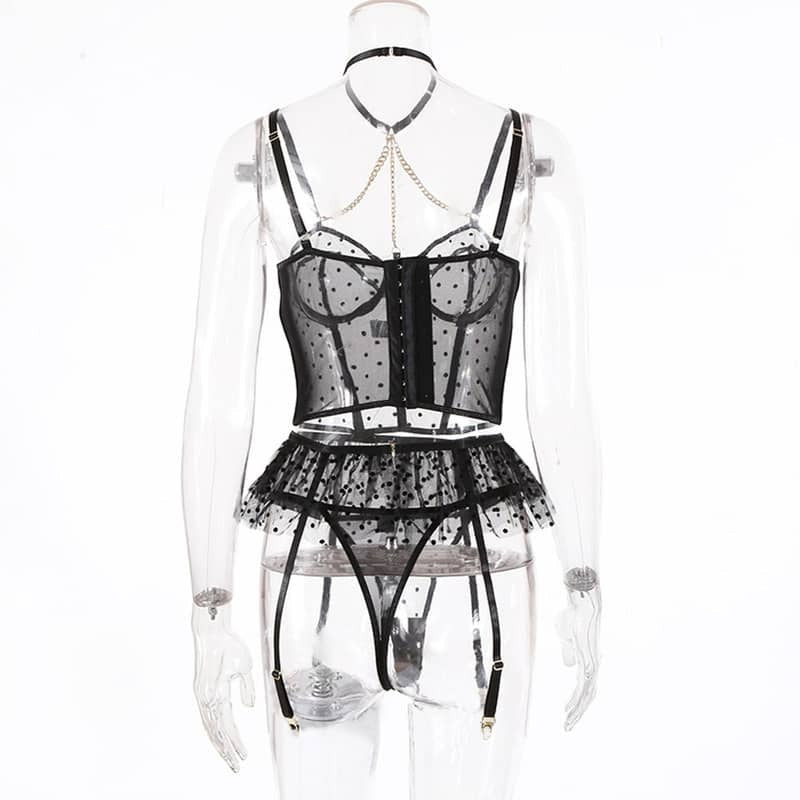 Mesh Polka Dot Ruffle Bustier Bra Set