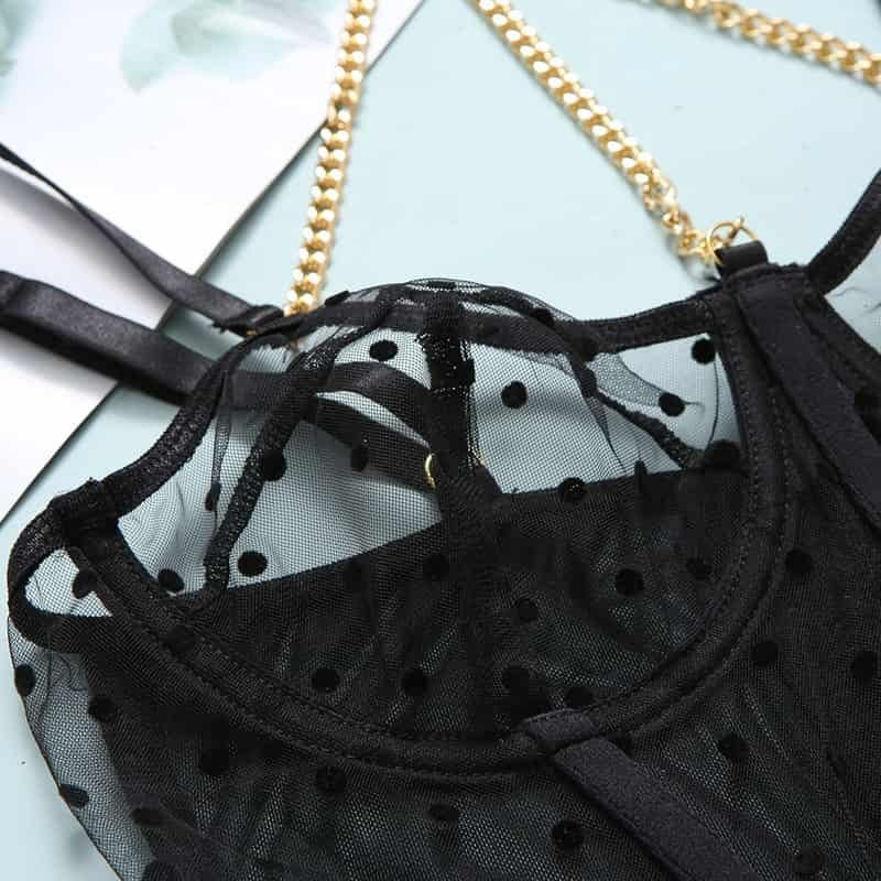 Mesh Polka Dot Ruffle Bustier Bra Set