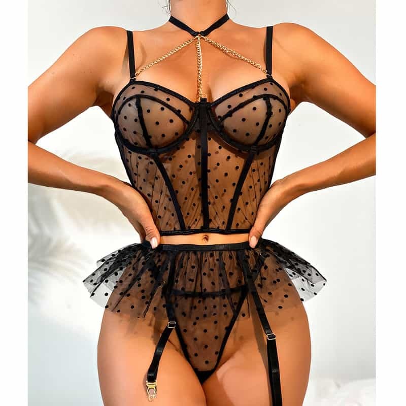 Mesh Polka Dot Ruffle Bustier Bra Set