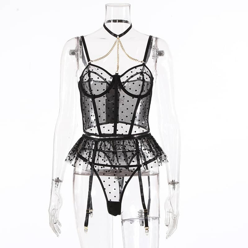 Mesh Polka Dot Ruffle Bustier Bra Set