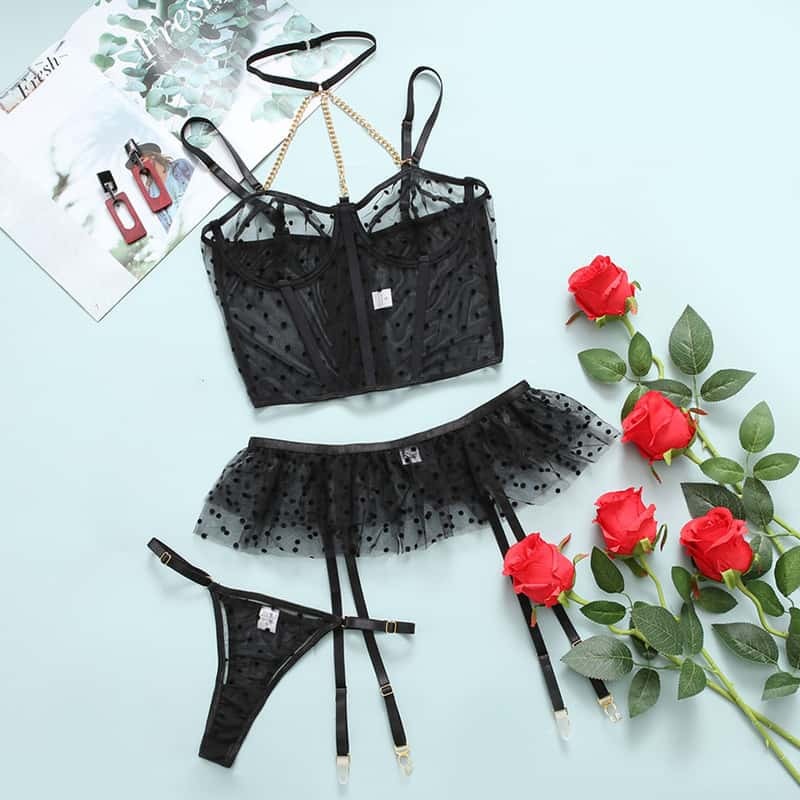 Mesh Polka Dot Ruffle Bustier Bra Set