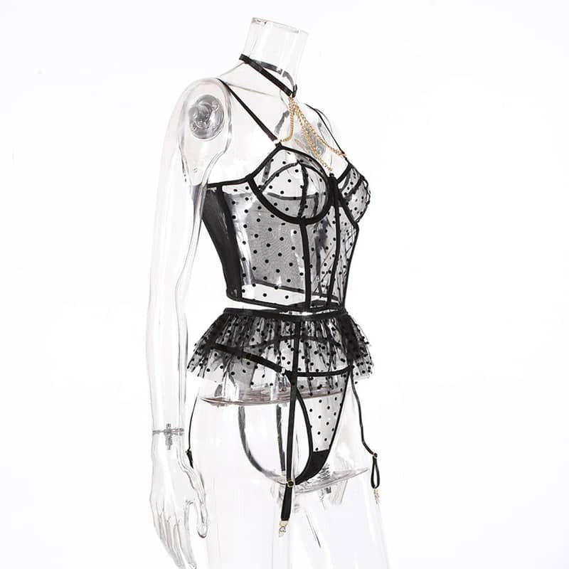 Mesh Polka Dot Ruffle Bustier Bra Set