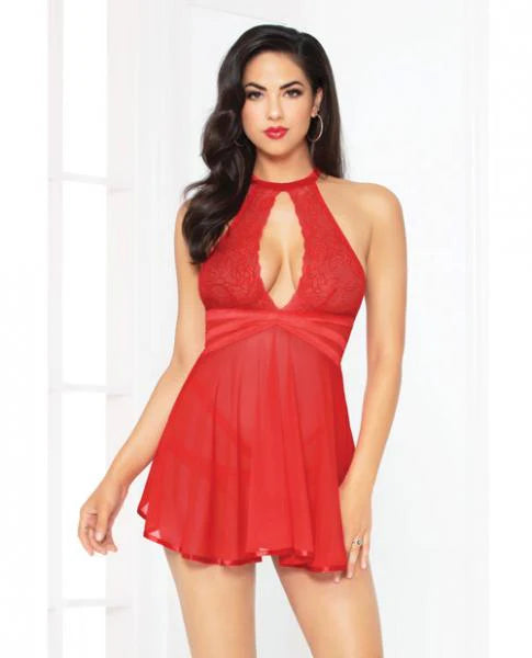 Lace Mesh Babydoll Strappy Waist & Panty Set