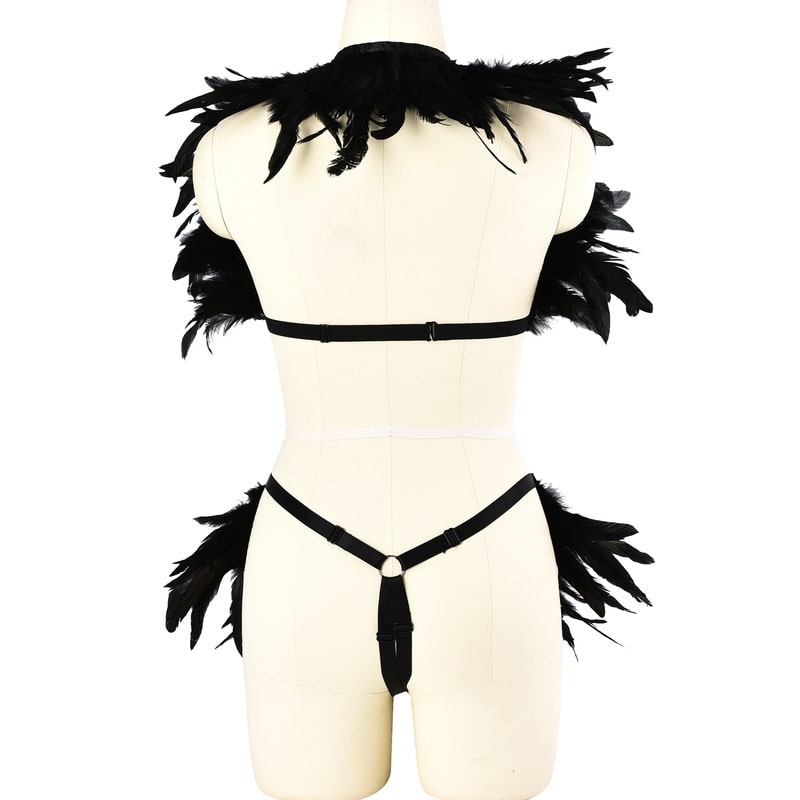 Ladies Feather Black Strappy Lingerie Set