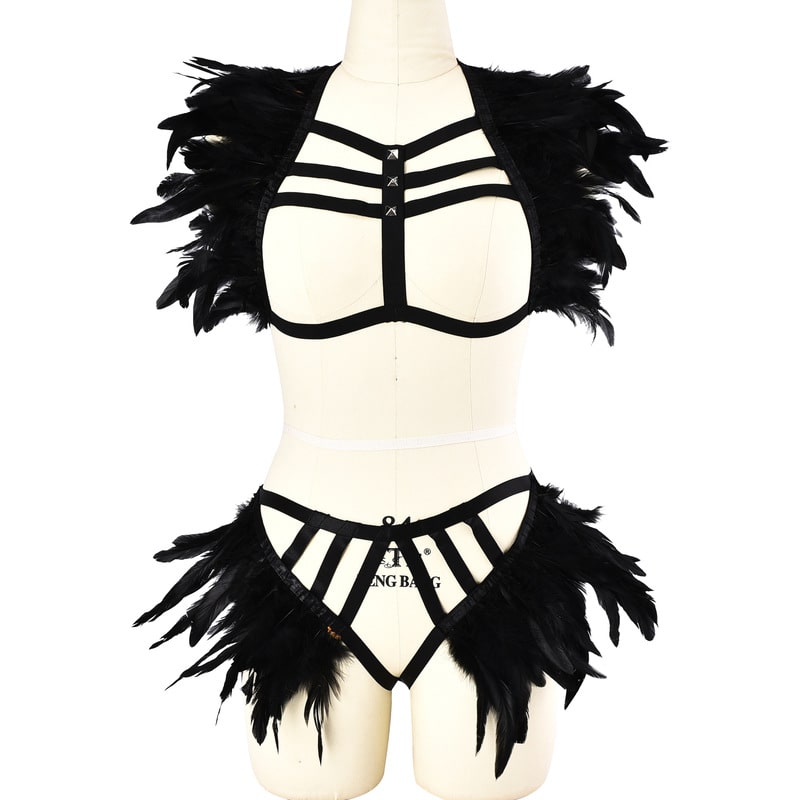 Ladies Feather Black Strappy Lingerie Set