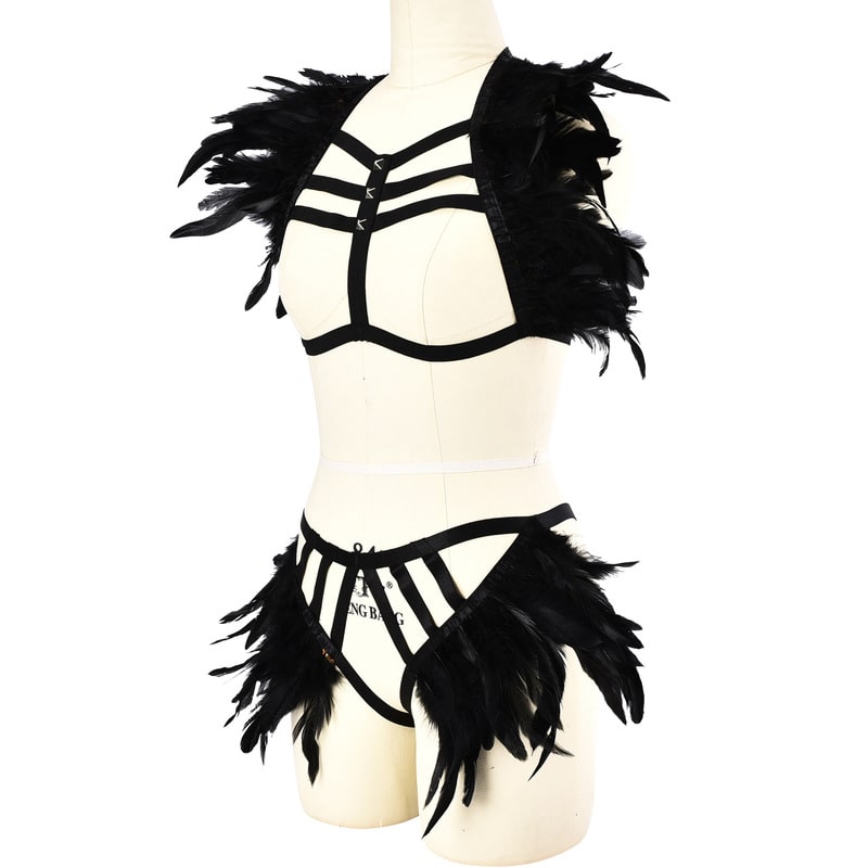 Ladies Feather Black Strappy Lingerie Set