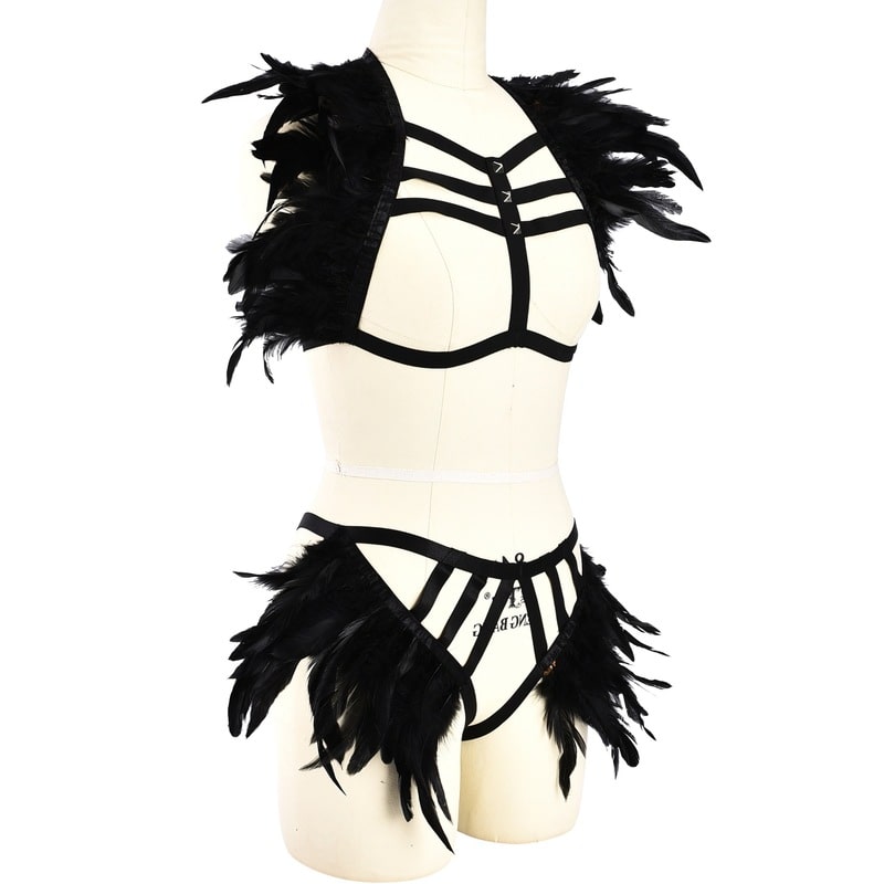 Ladies Feather Black Strappy Lingerie Set