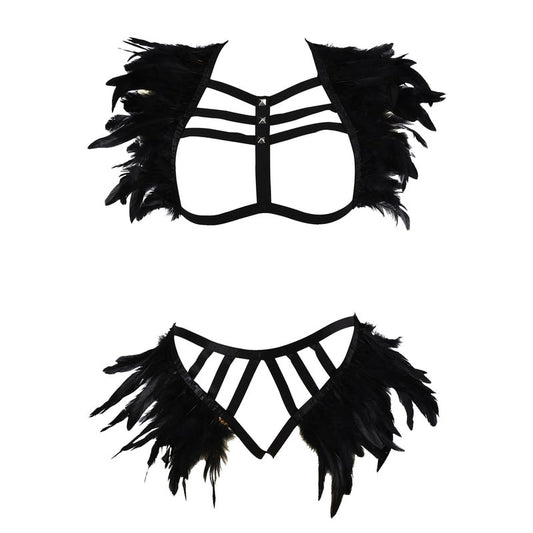 Ladies Feather Black Strappy Lingerie Set - Free